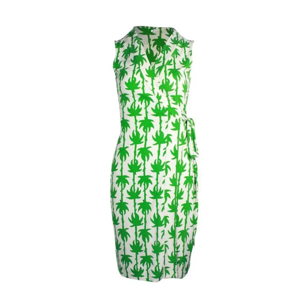 Diane Von Furstenberg Printed Sleeveless Wrap Dress in White Print Silk